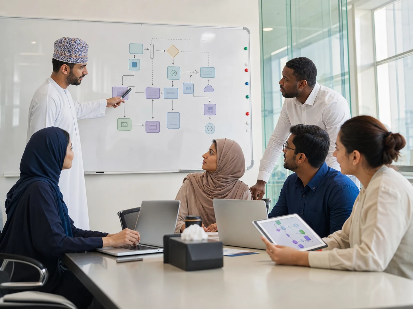 Professionals building no-code AI workflows in an Oman training workshop