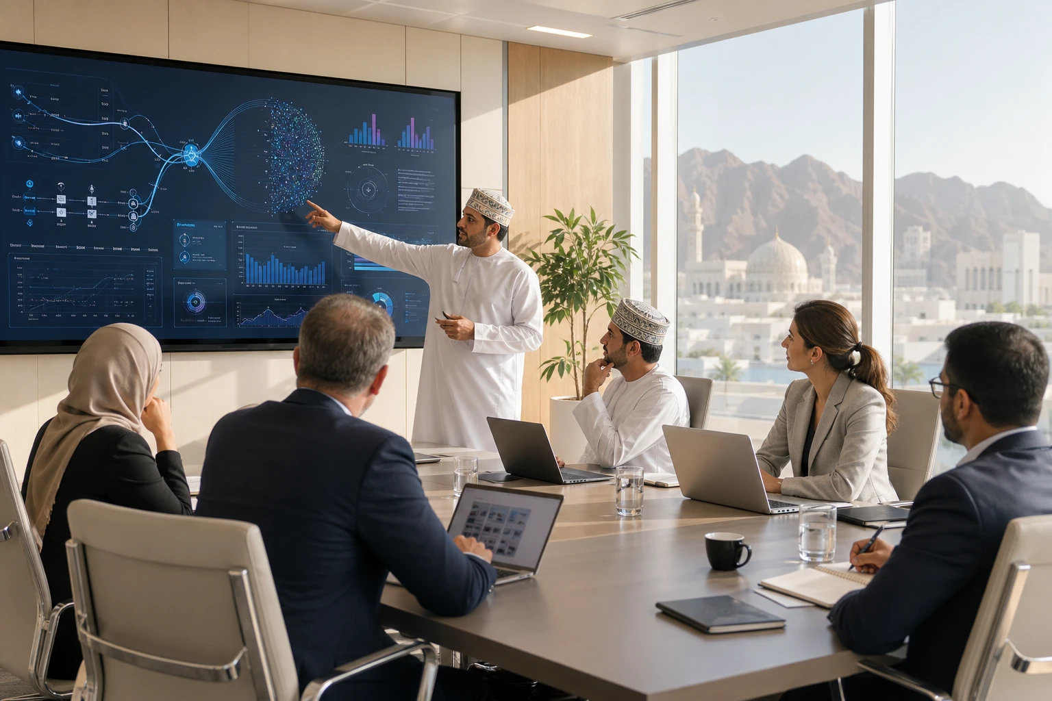 Corporate team taking part in an AI capability workshop in Oman
