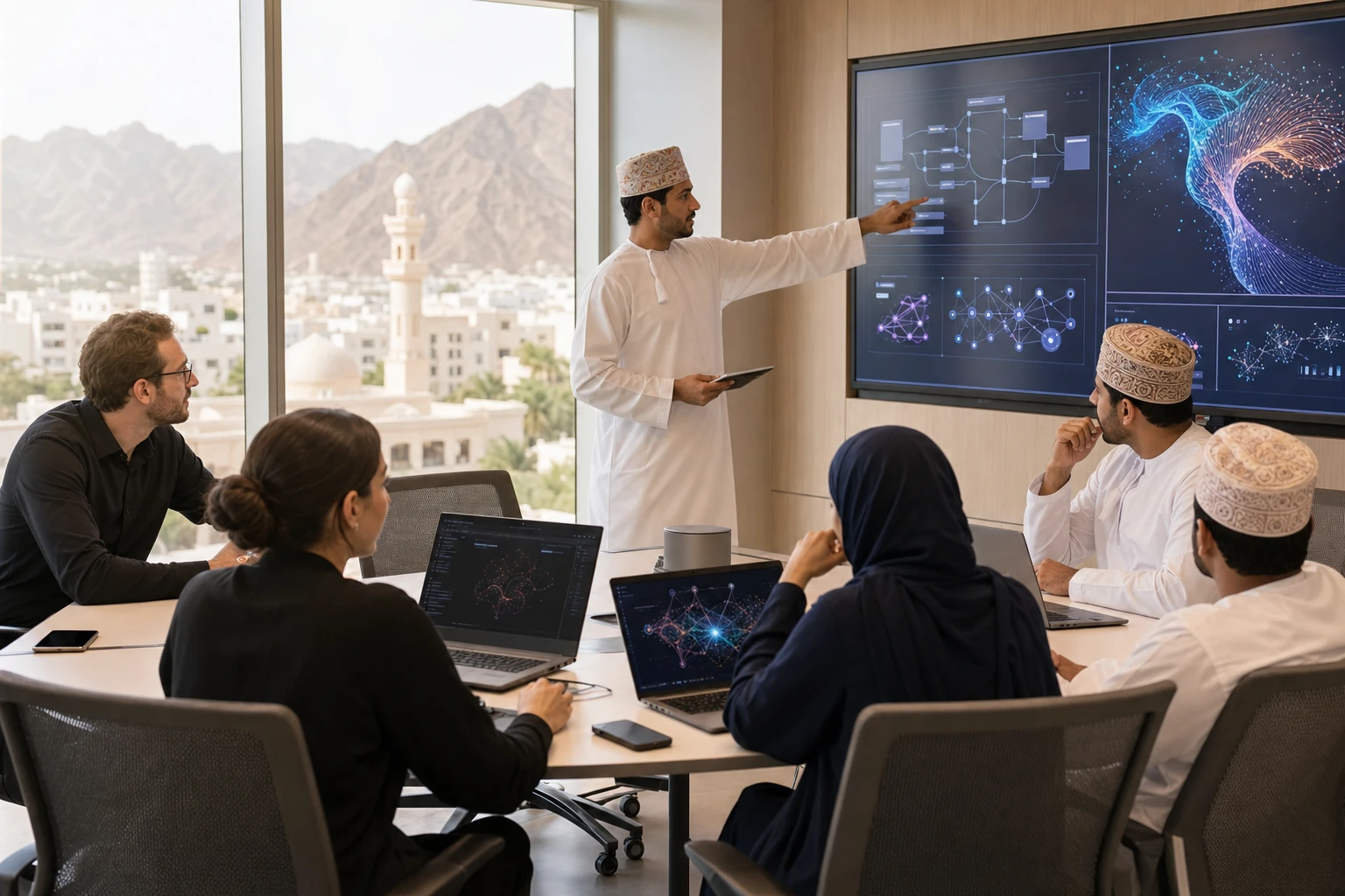 Oman professionals learning prompt engineering and AI automation in a practical workshop