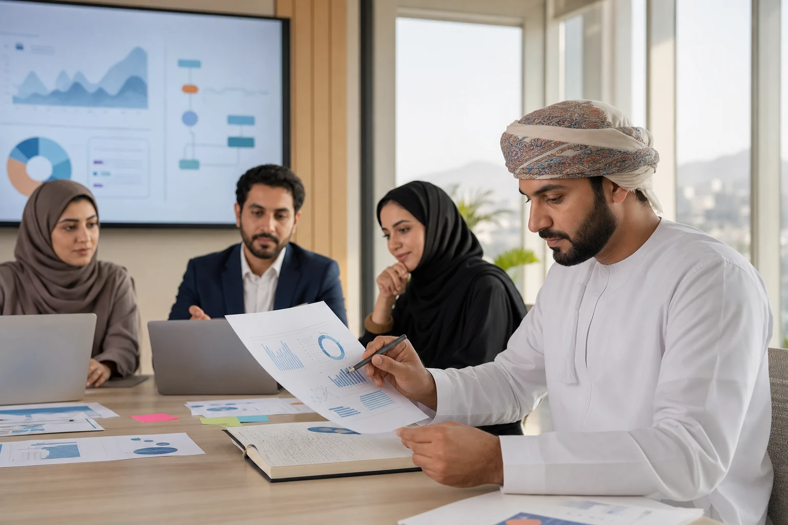 Professional team reviewing an AI-assisted analysis workflow in Oman