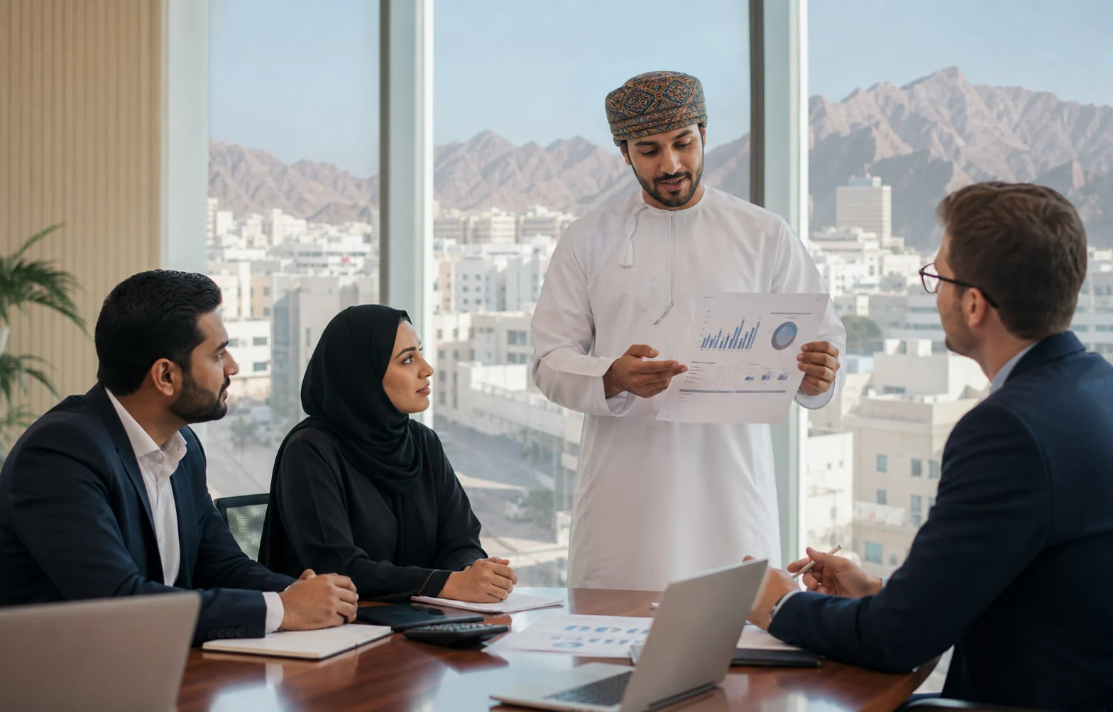 Finance team reviewing reports in an Oman office