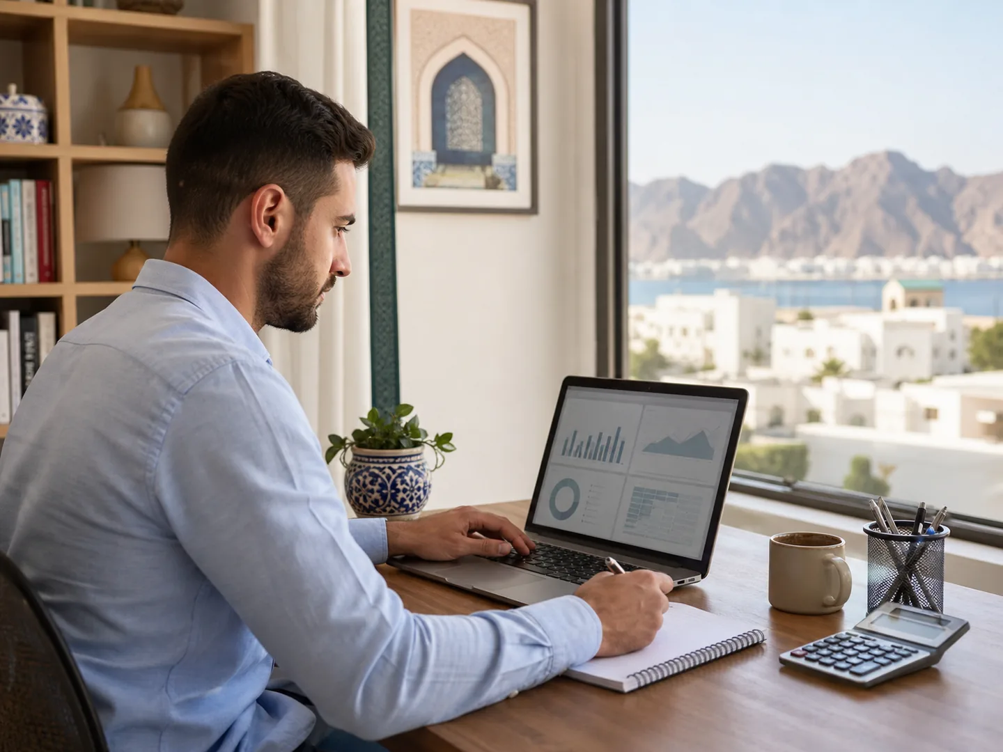 Accounting professional studying Zoho Books from a home office in Oman