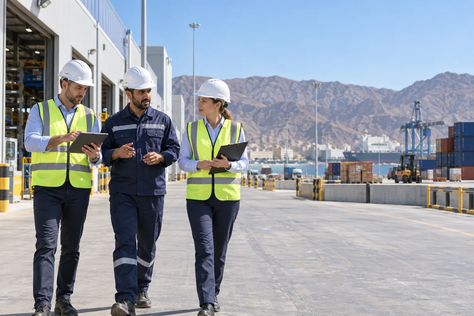 Internal audit professionals reviewing operations at an Oman logistics facility