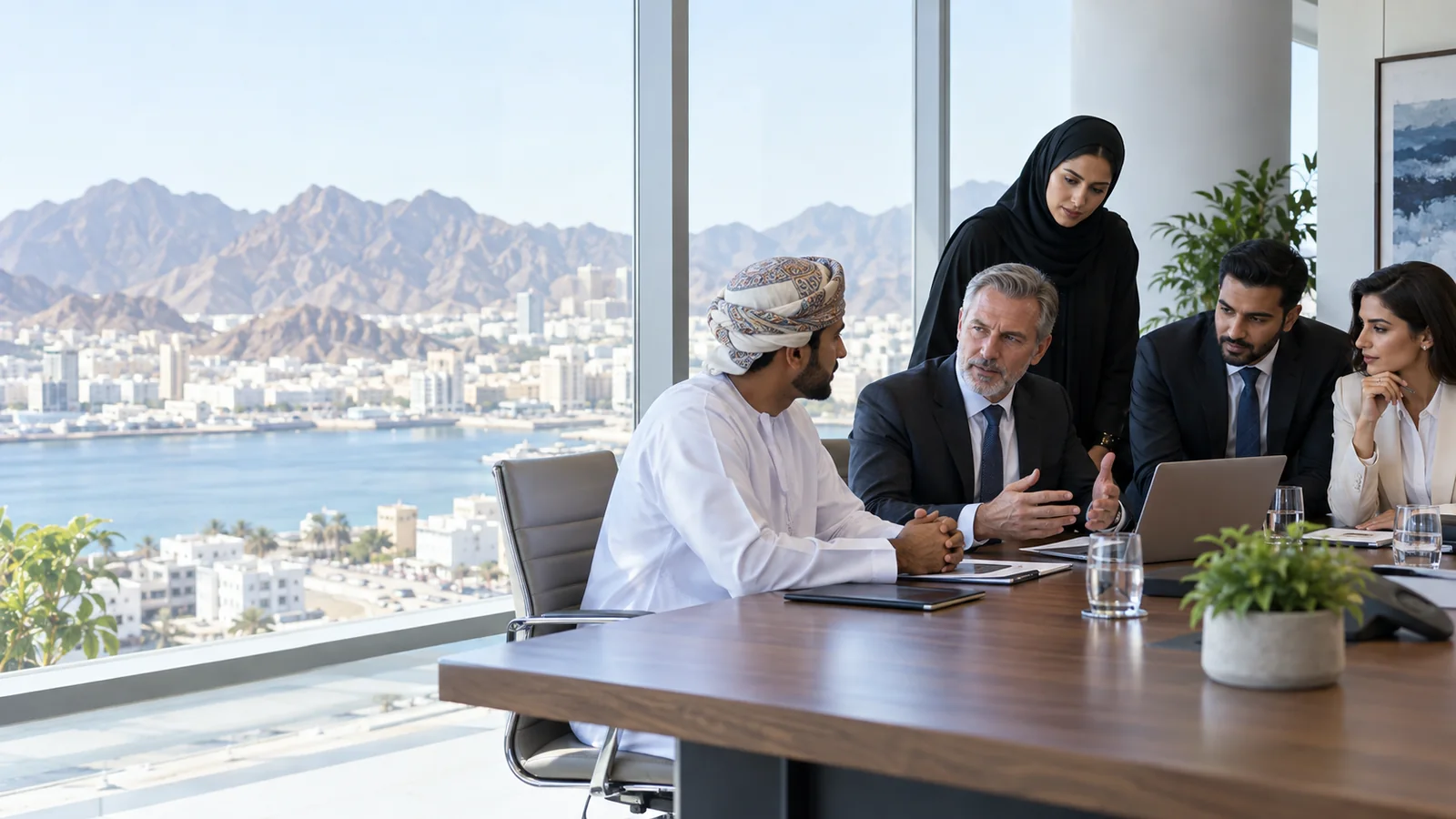 CISSP course participants discussing enterprise security risks in a modern Muscat office