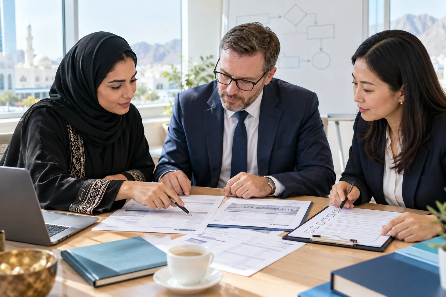 Professionals reviewing an invoice, bill of lading and trade document checklist during CITF training in Muscat