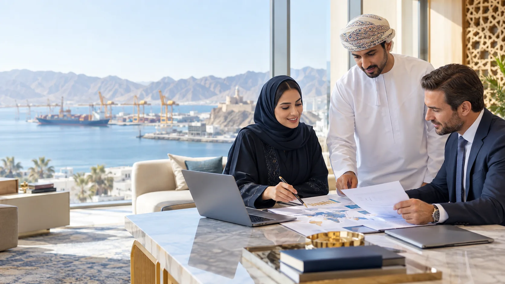 Banking professionals discussing international trade finance in a bright Muscat office overlooking an Oman port