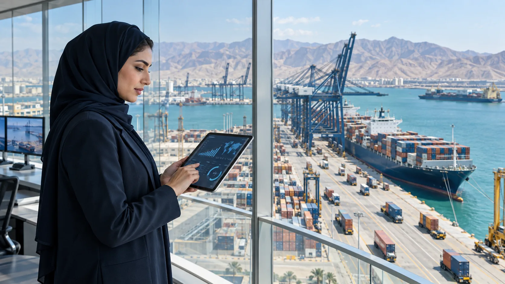 Transaction banking professional reviewing trade flows beside a modern container port in Oman