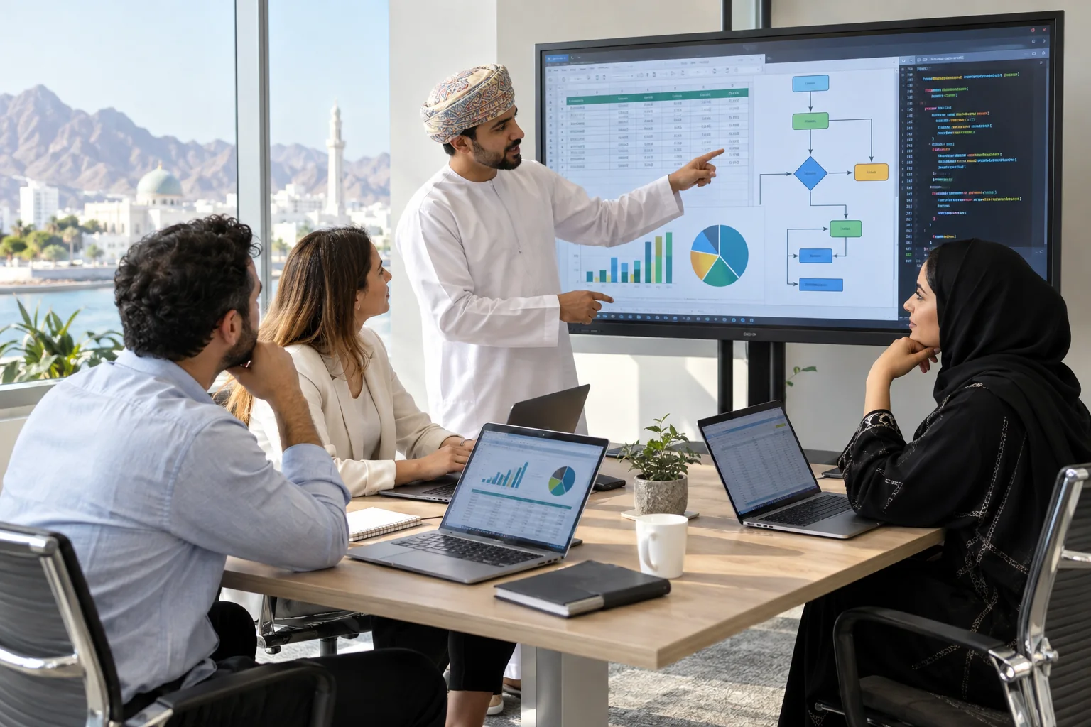 Corporate team reviewing an Excel VBA reporting automation during training in Oman