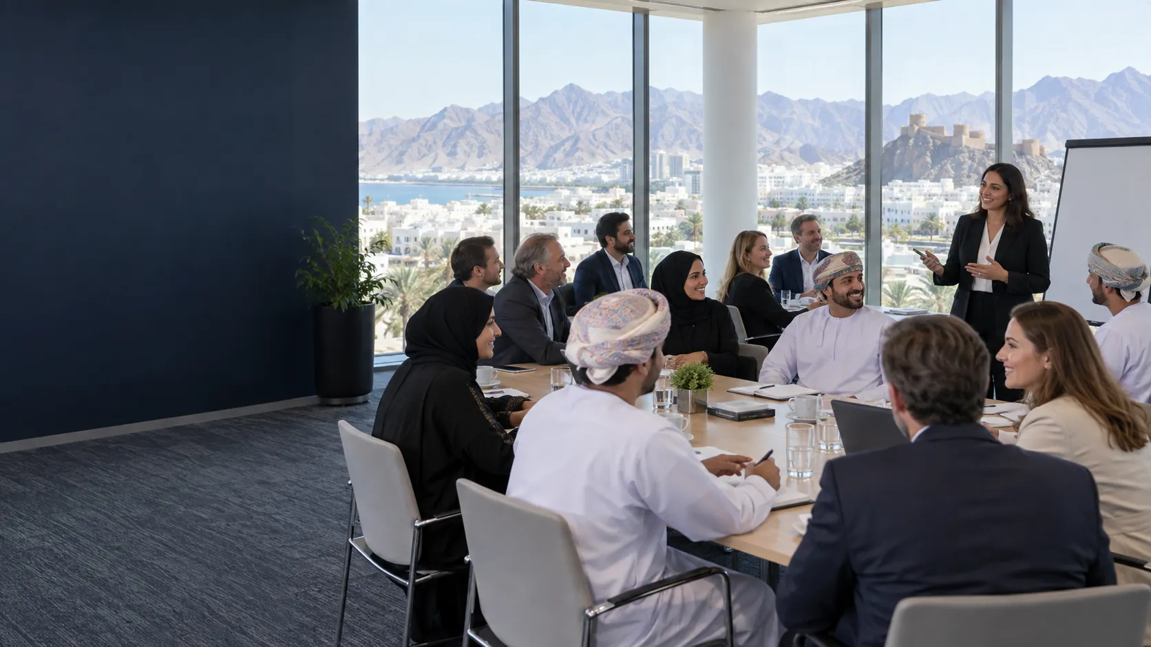 Illustrative corporate workshop with Omani and international professionals in Muscat