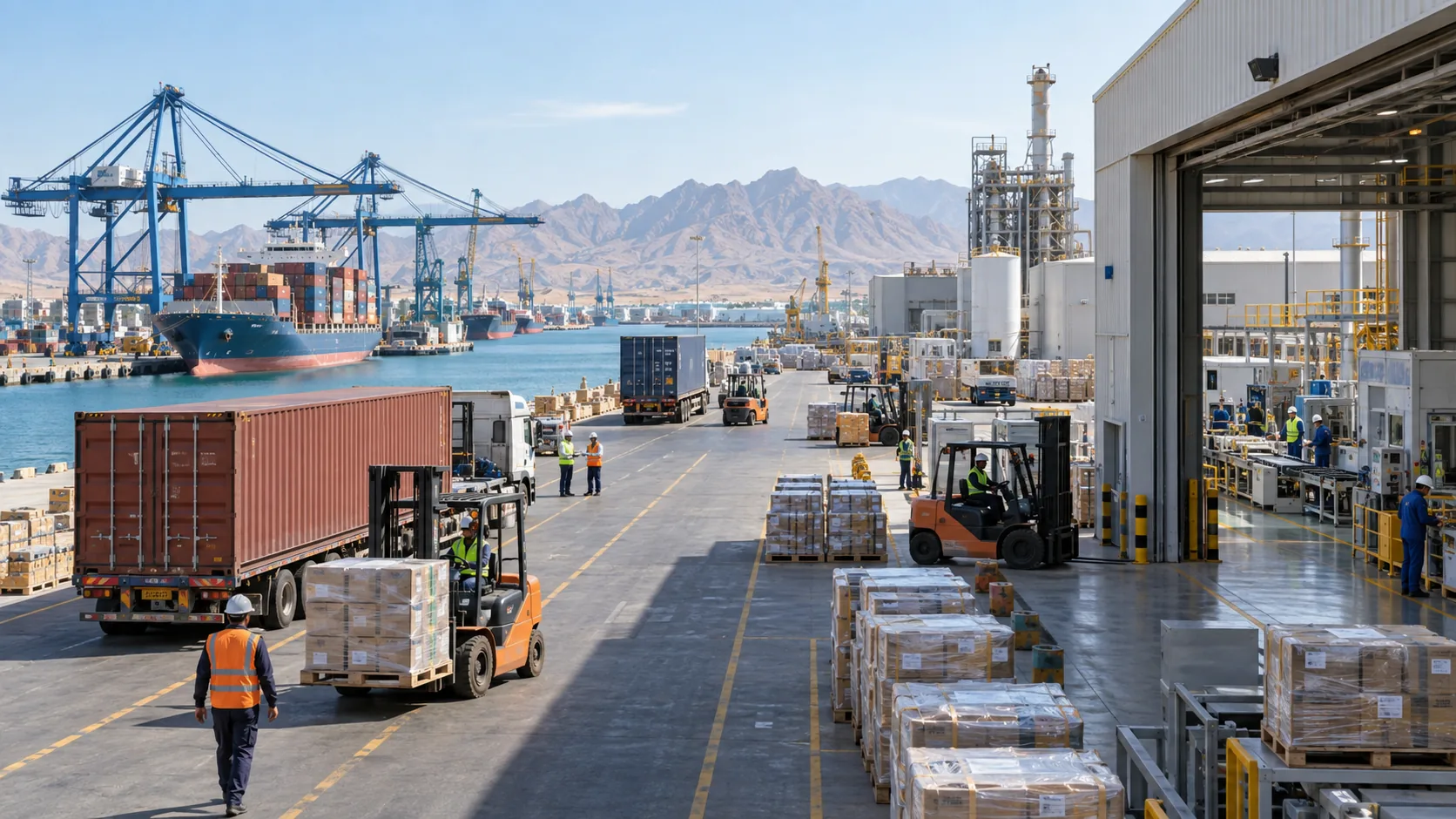 Port, warehouse and manufacturing operations illustrating supply chain planning in Oman