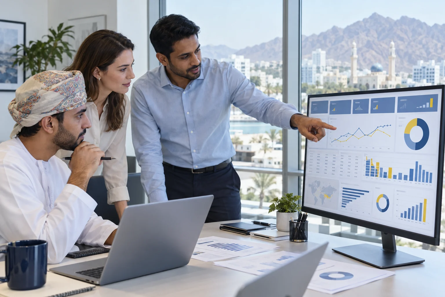 Professionals reviewing a Power BI finance and operations dashboard in Oman