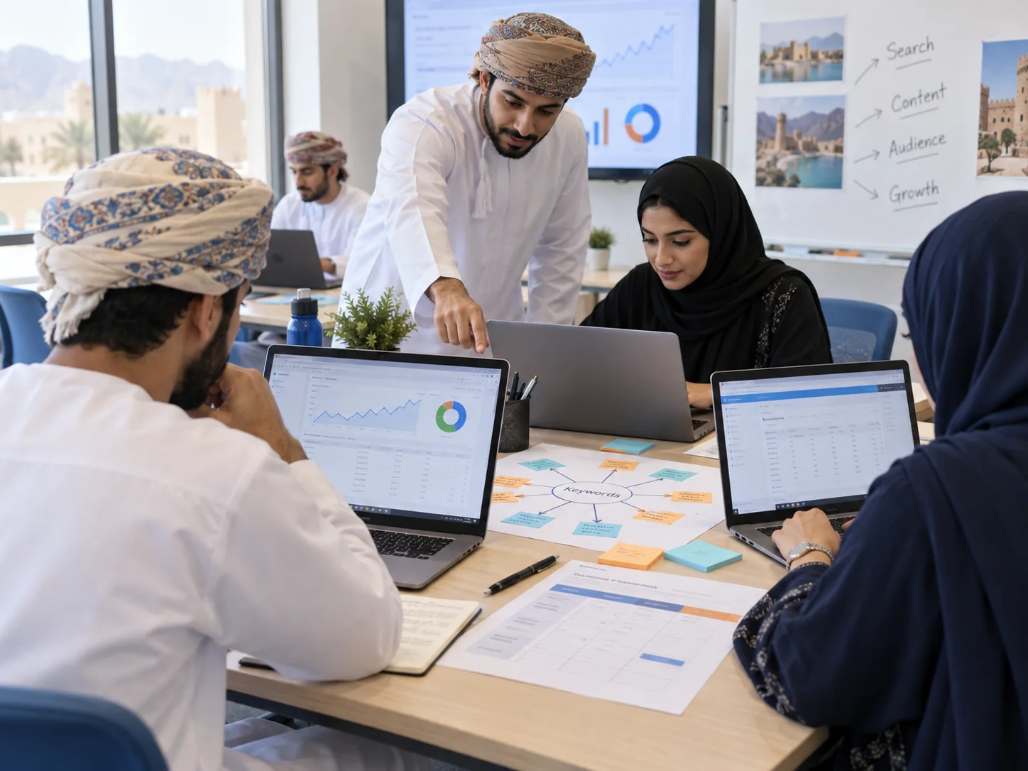 Learners completing SEO and Google Ads exercises during digital marketing training in Oman