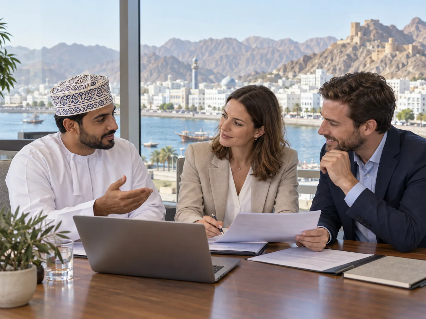 Illustrative AI for Procurement course scene with professionals in Muscat