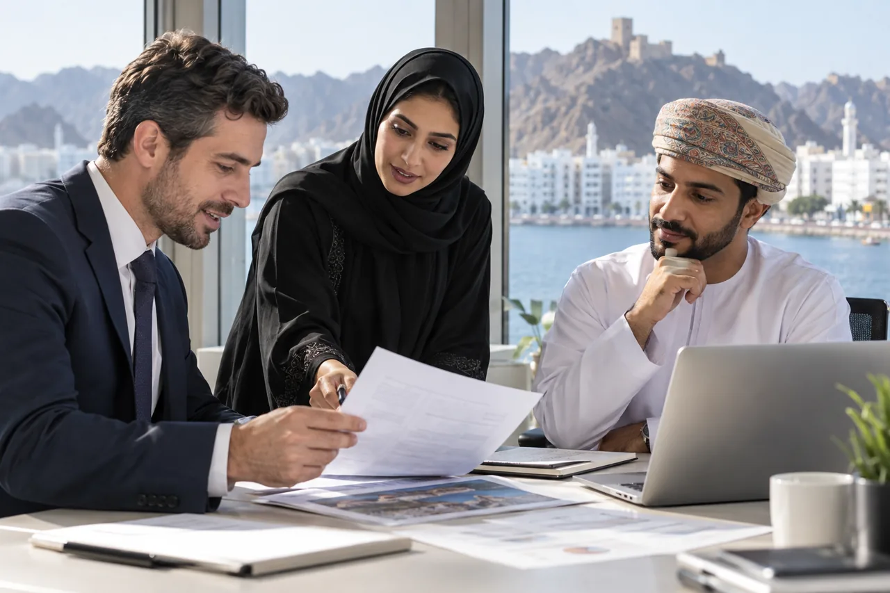Illustrative Oman team reviewing documents and an AI agent project