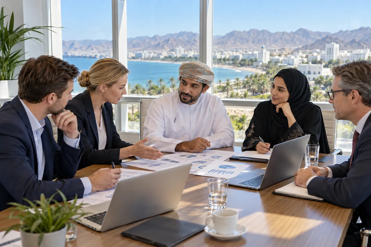 Illustrative corporate finance team taking part in an AI workshop in Muscat
