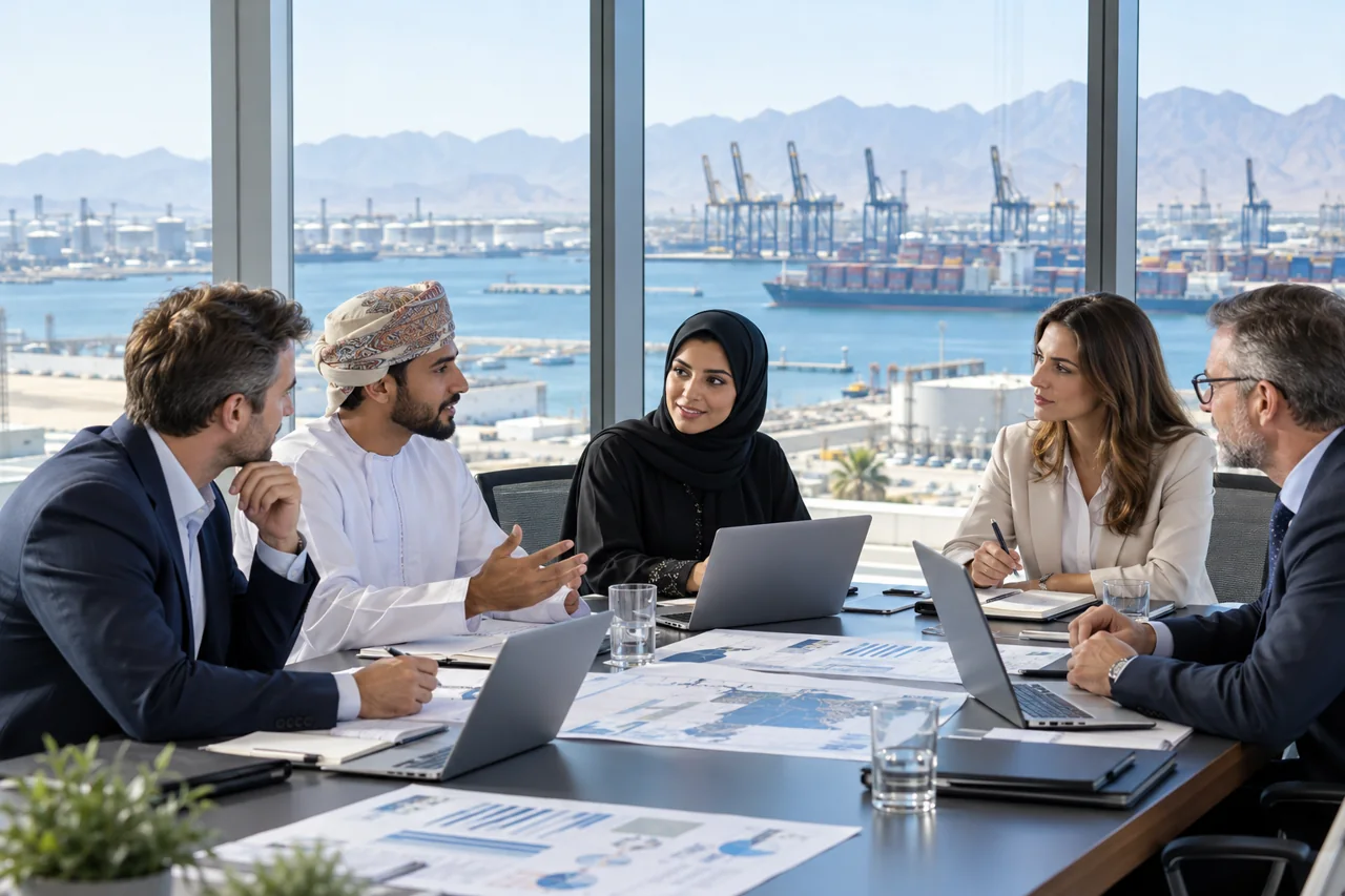 Illustrative corporate supply-chain learning scene overlooking a port in Oman