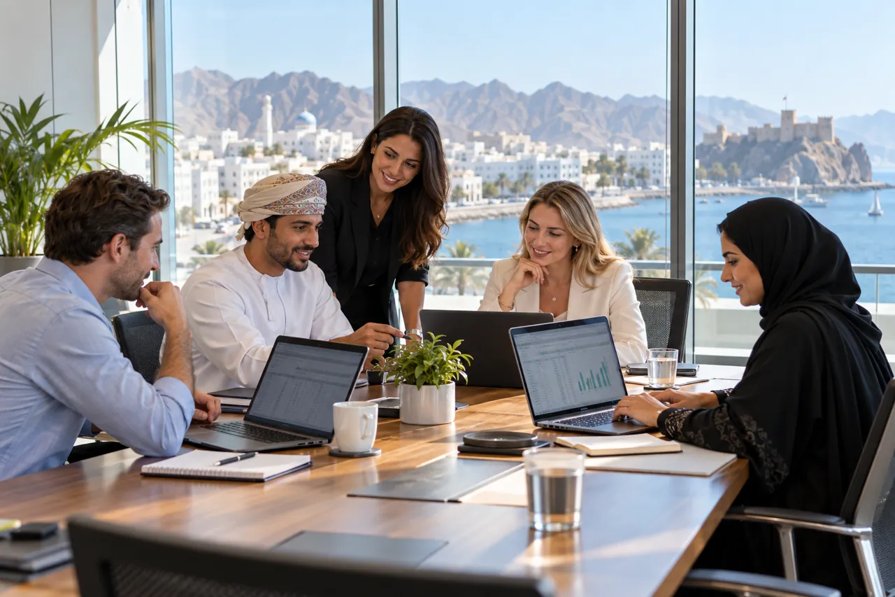 Illustrative corporate Excel with AI workshop overlooking the Muscat waterfront