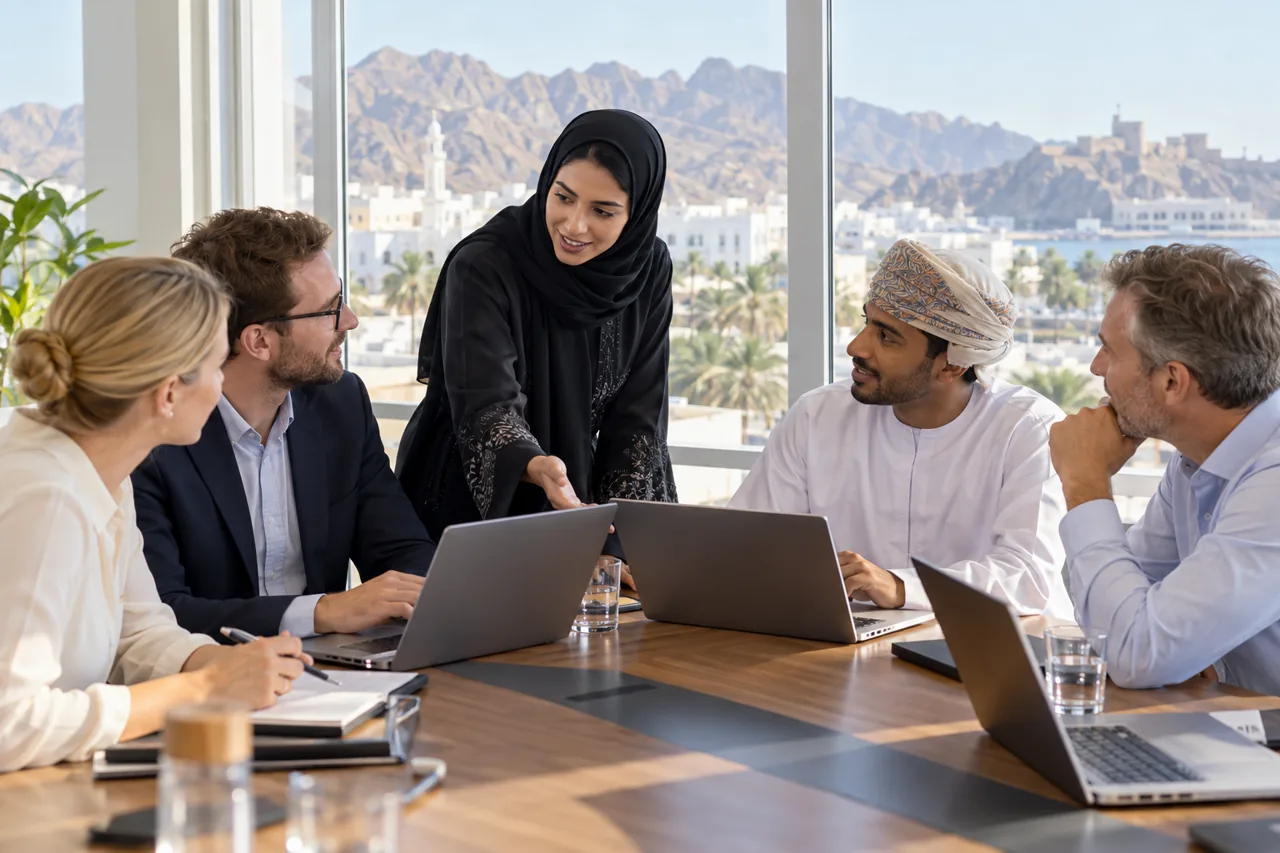 Illustrative corporate Microsoft Copilot workshop with a mixed professional team in Oman