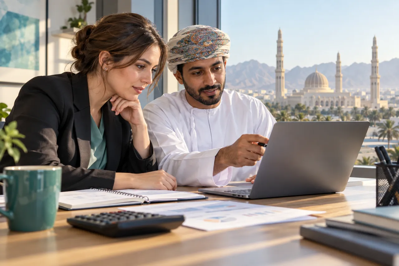 Illustrative colleagues checking an Excel workbook in a bright Oman office