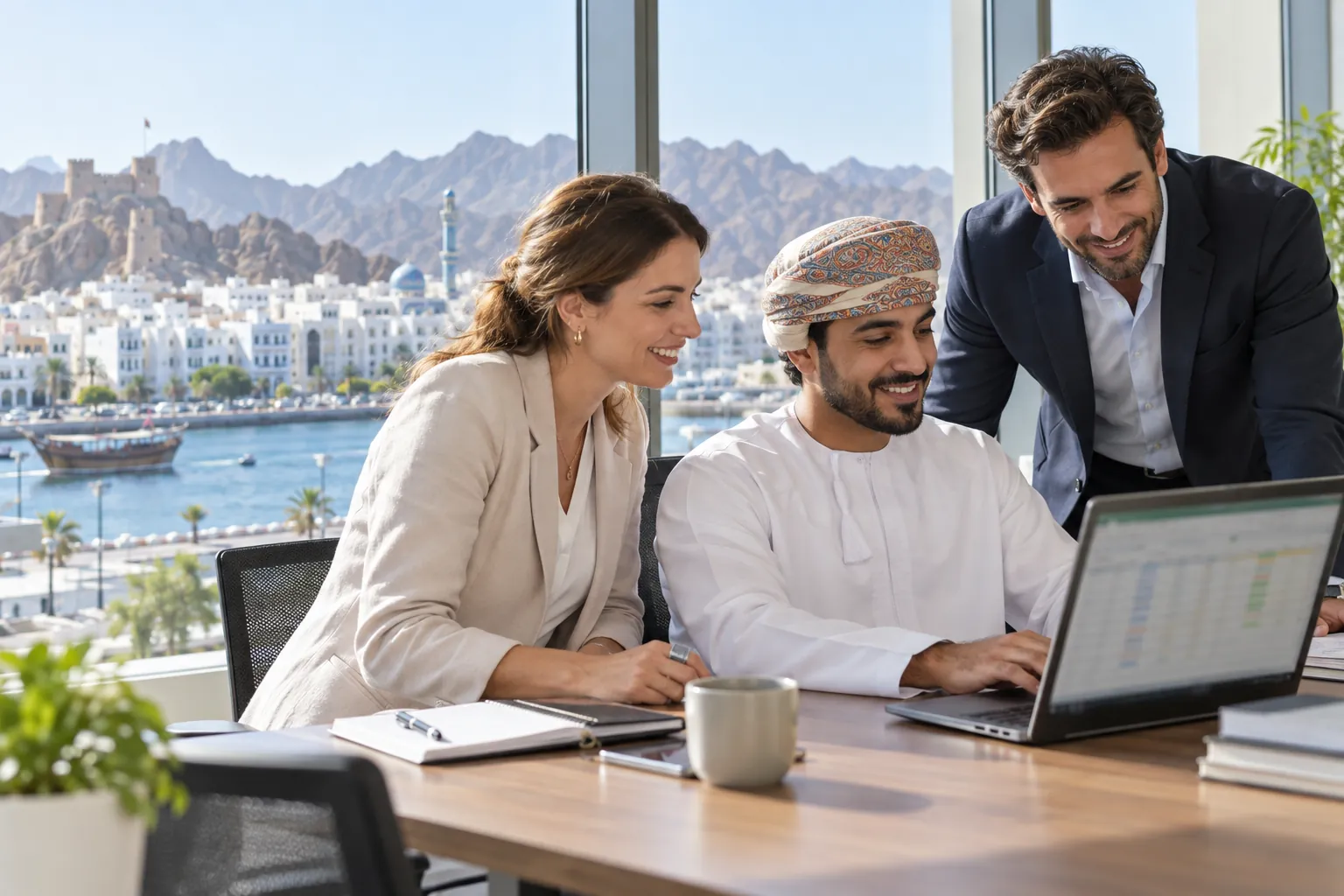 Illustrative Excel with AI learning scene in a Muscat workplace overlooking the waterfront