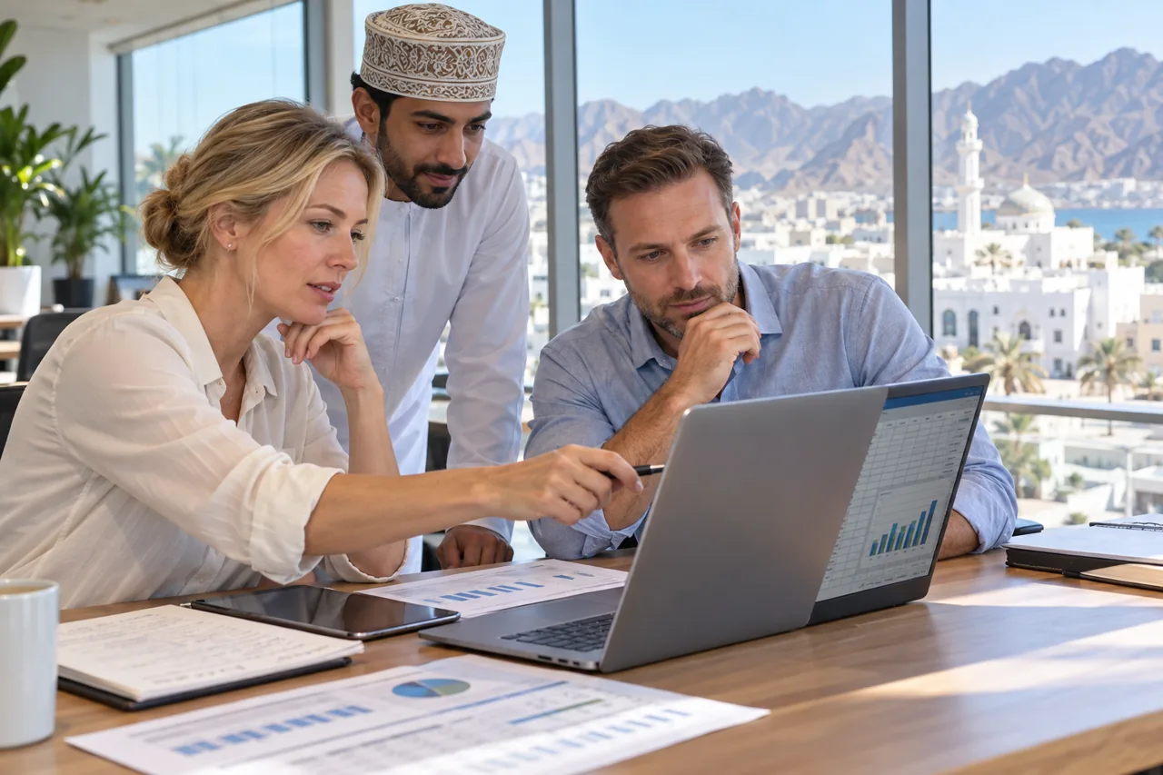 Illustrative Copilot learning exercise with professionals checking a workbook and report in Muscat
