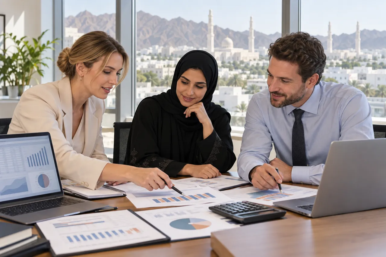 Illustrative finance professionals reviewing a workbook during practical AI training in Oman