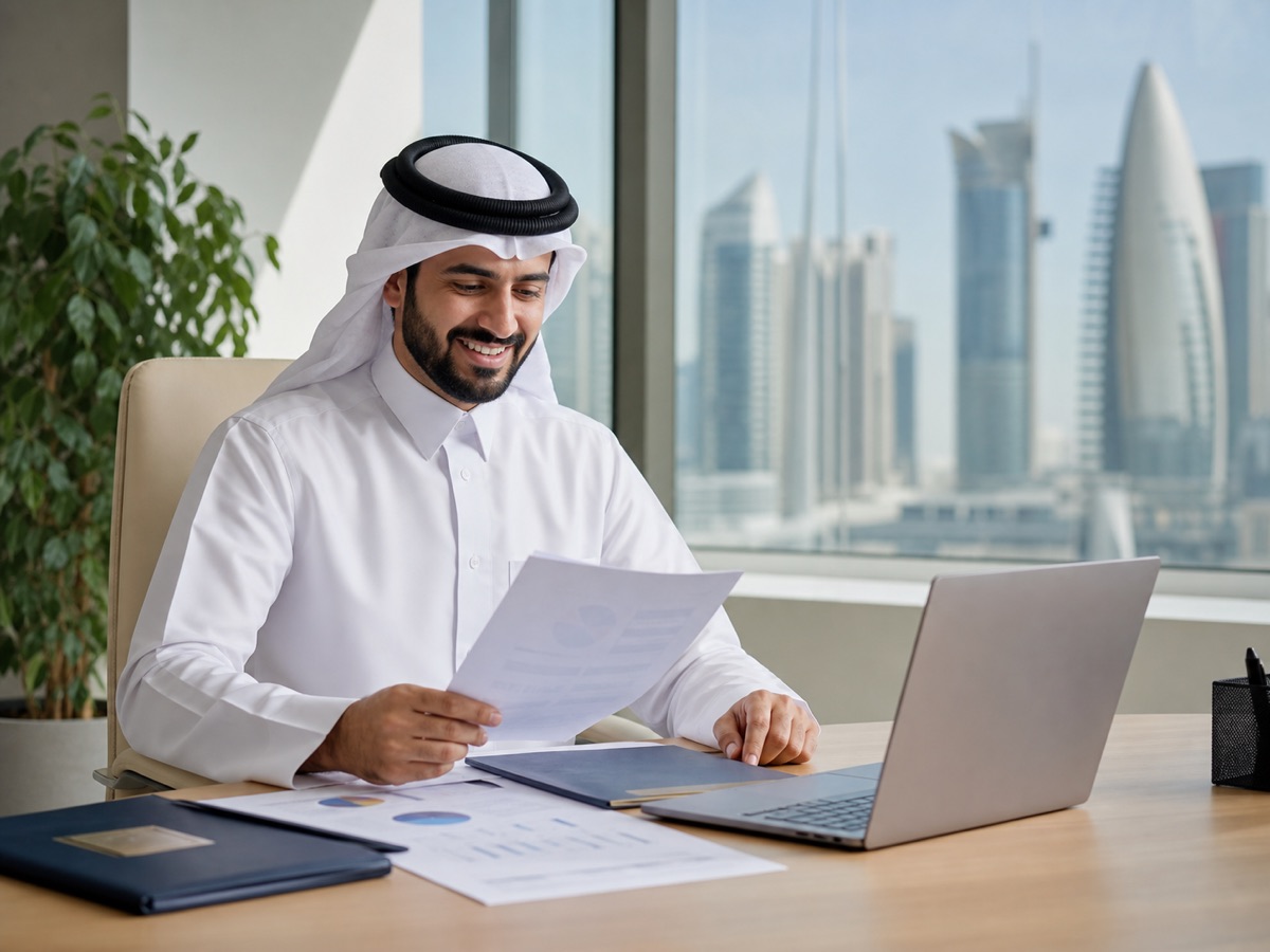Qatari procurement professional reviewing a positive career milestone in Doha