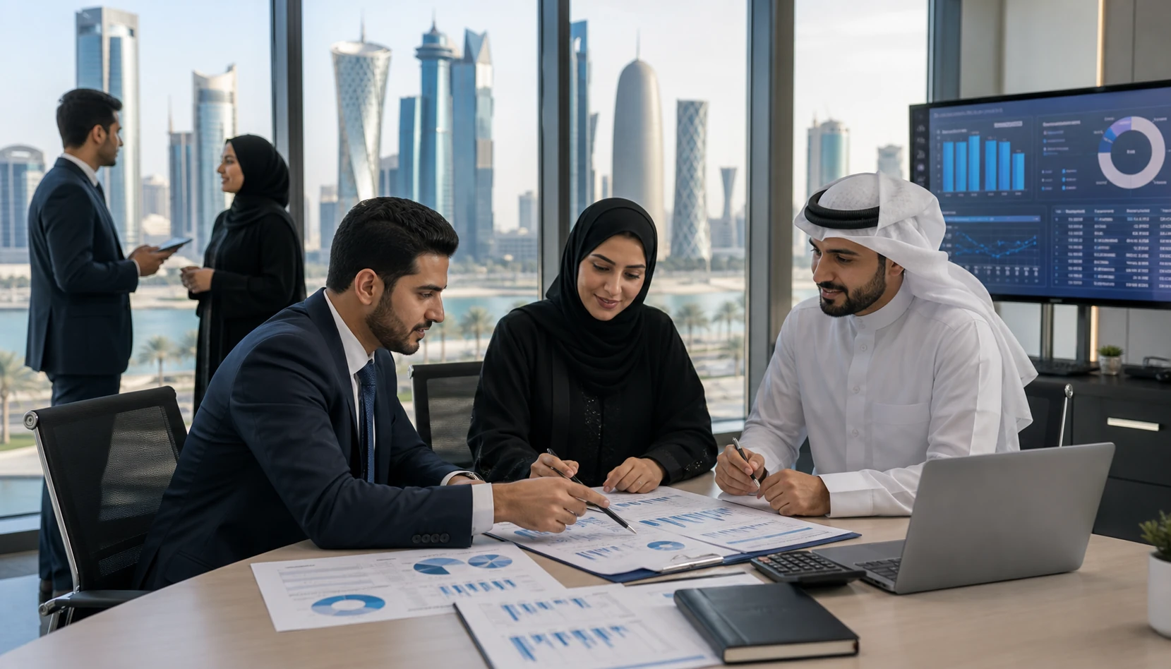Accounting professionals reviewing financial reports in Doha