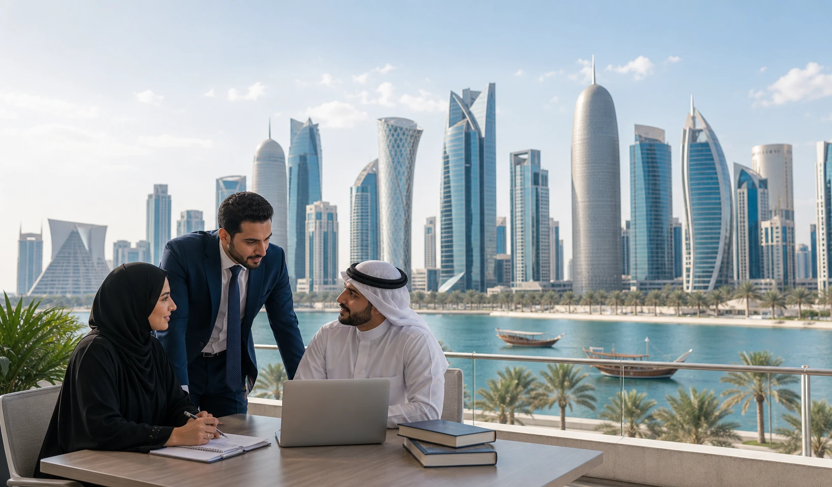 Doha skyline and professional business setting