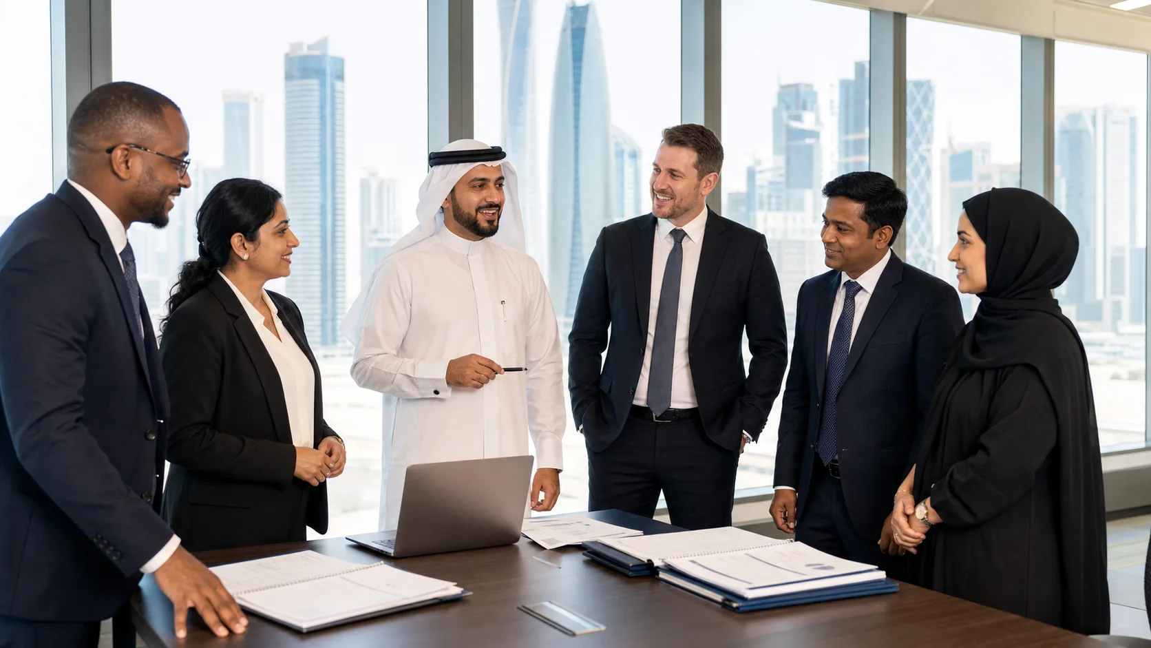 Diverse audit professionals celebrating successful quality review work in Doha, Qatar