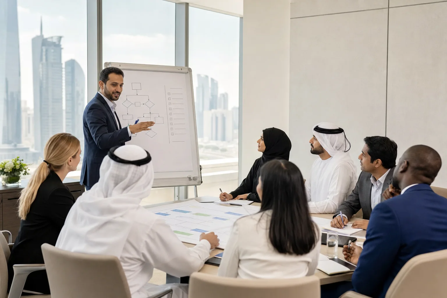 Diverse professionals taking part in an ISO 9001 audit training workshop in Doha, Qatar