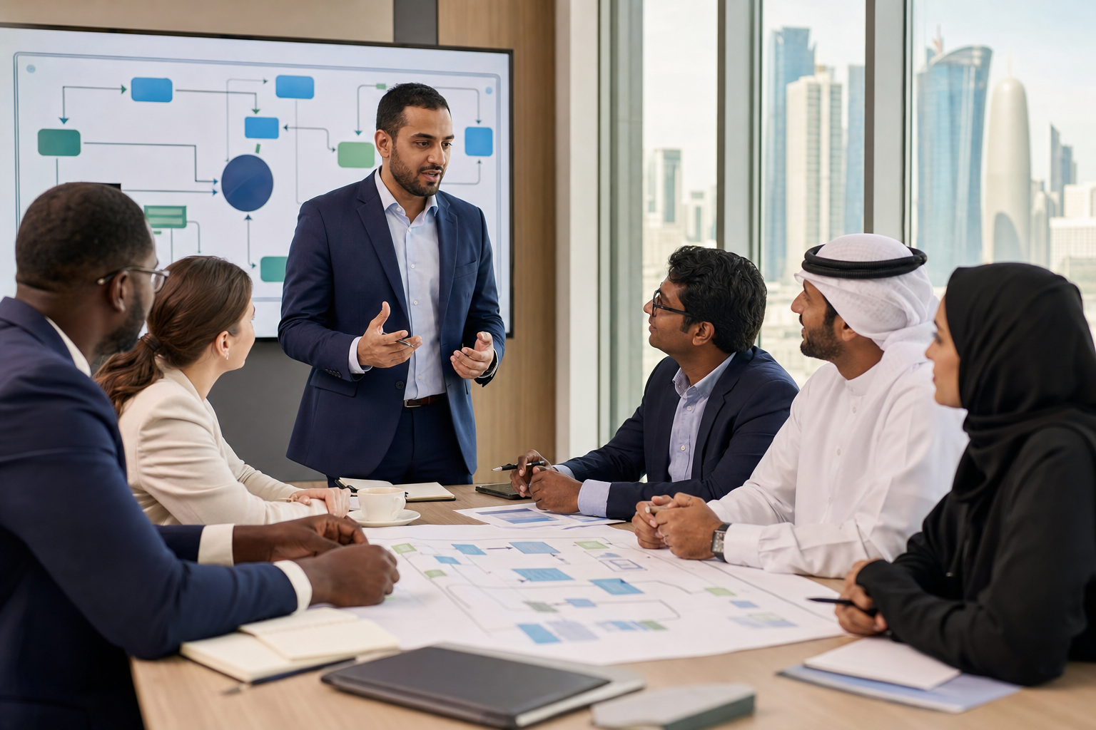 Diverse professionals in an ISO 9001 implementation workshop in Doha, Qatar