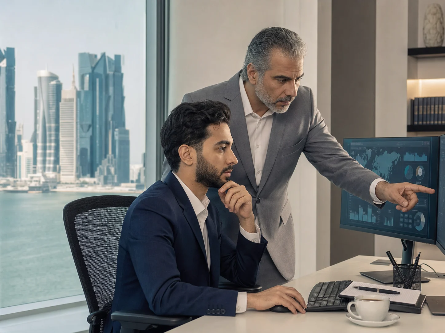 Cybersecurity analyst and mentor reviewing security data in a Doha office
