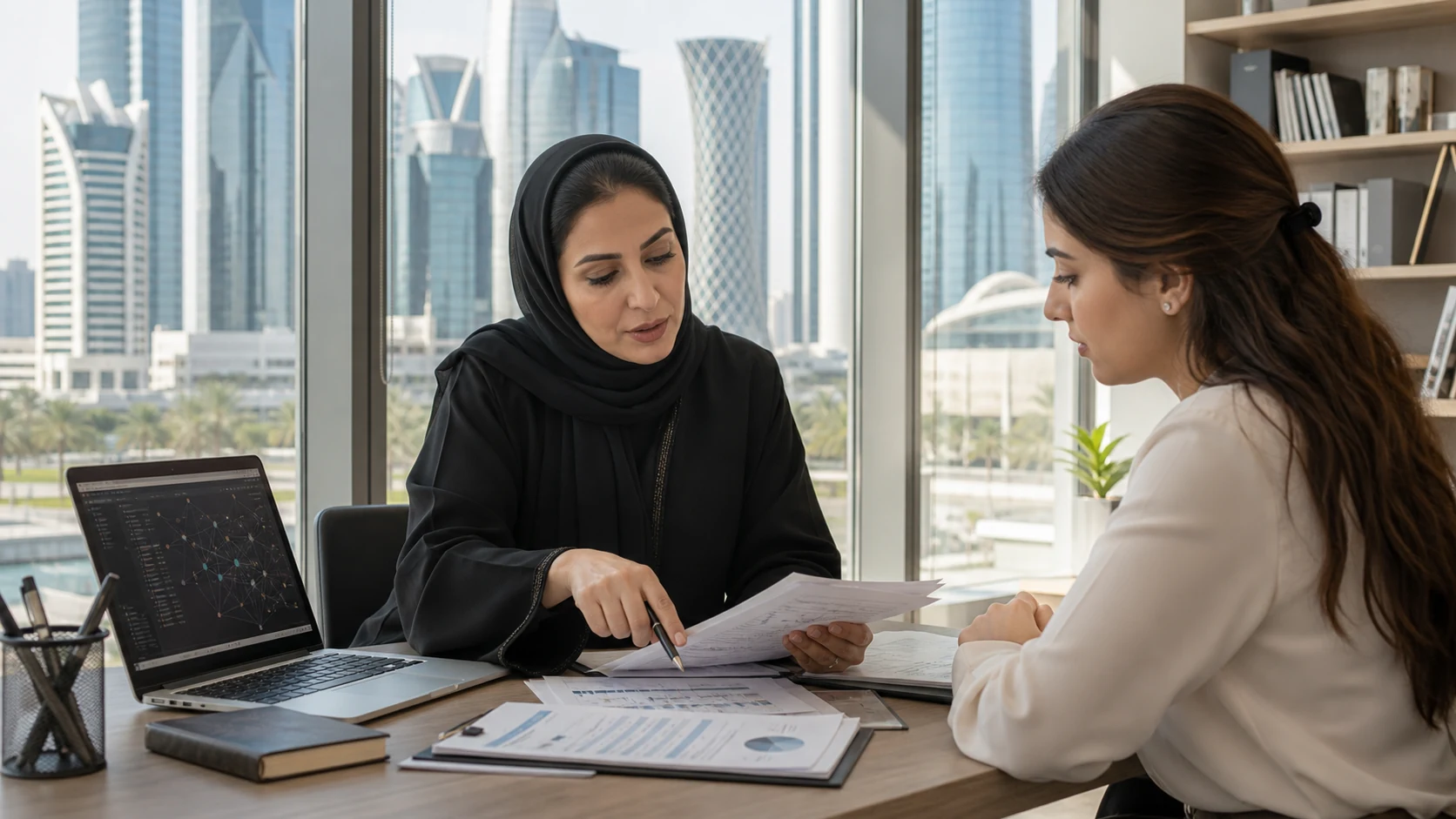 Financial crime compliance mentor and analyst reviewing a case in Doha