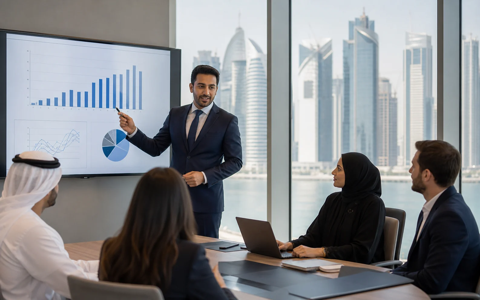 Finance team reviewing business reports in a Doha office