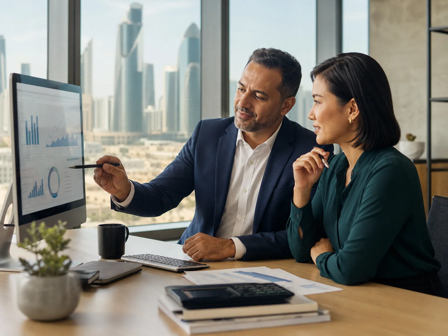 Qatar finance professionals reviewing cloud accounting reports in a Doha office