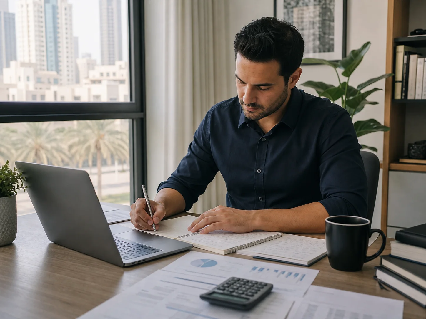 Accounting professional studying Zoho Books from a Doha home office