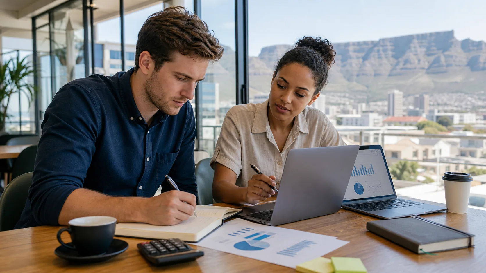 South African finance professionals studying FRM risk material in a bright workspace