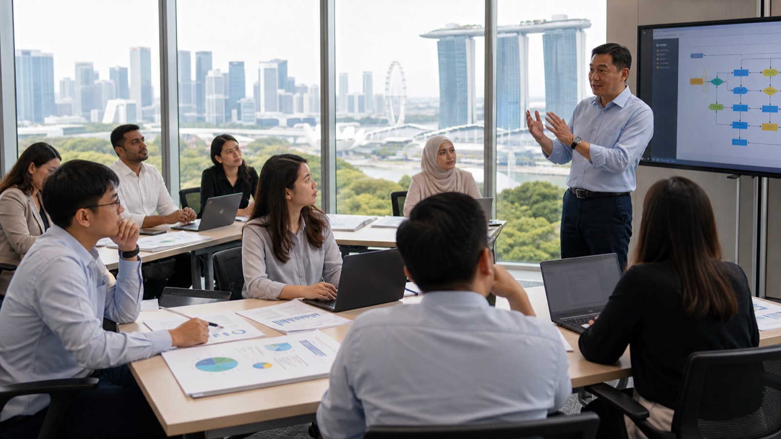 Procurement and supply professionals in a live Singapore training workshop with Marina Bay in the background