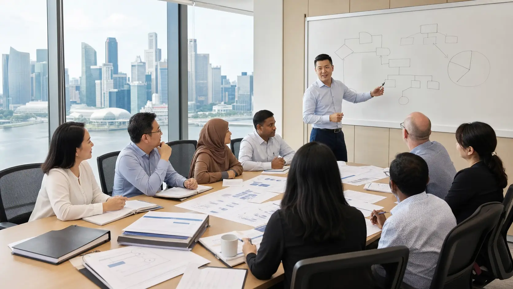 Diverse professionals in an ISO 9001 Lead Auditor training workshop in Singapore