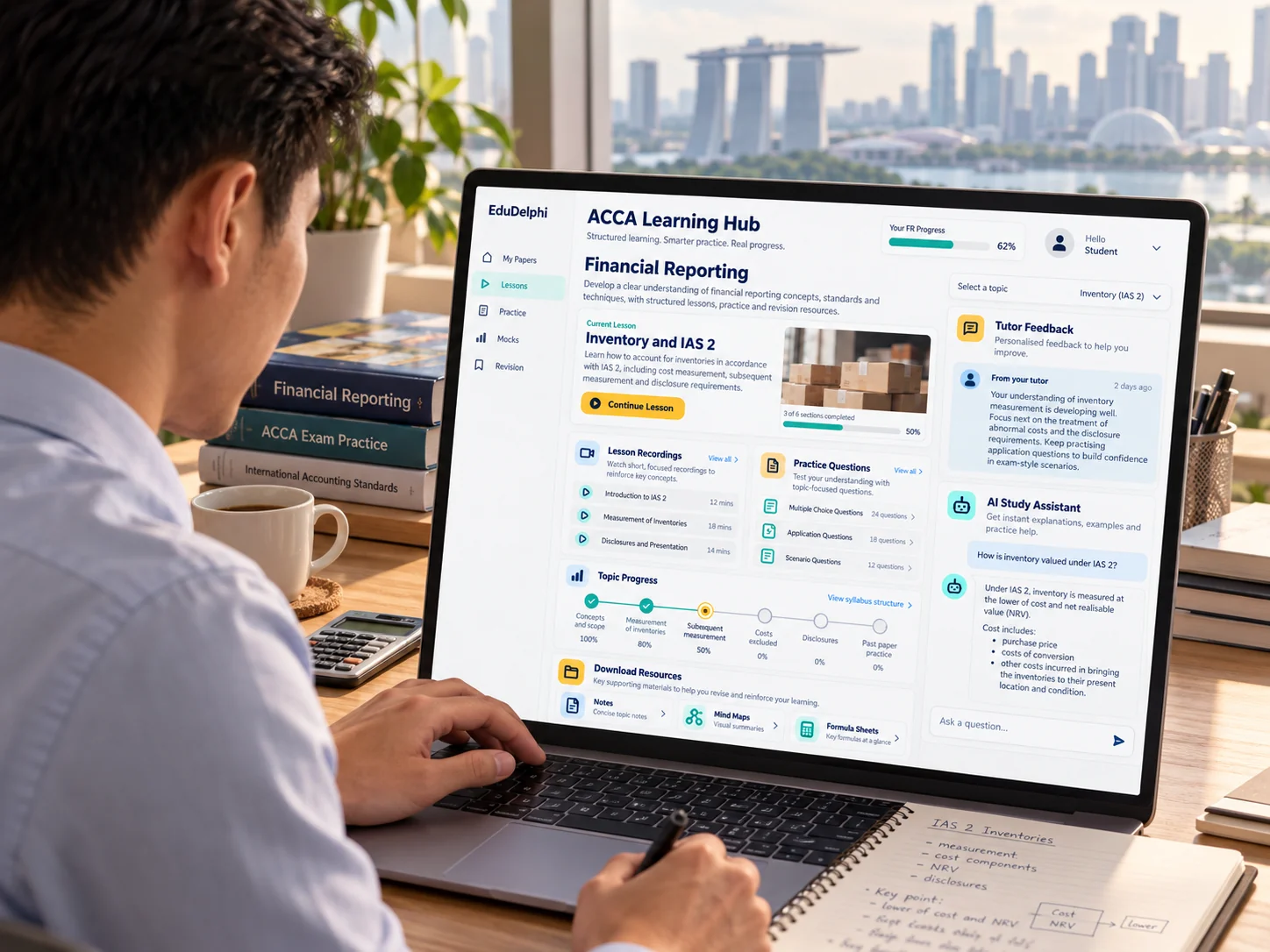 EduDelphi ACCA learner studying at a desk with the LMS