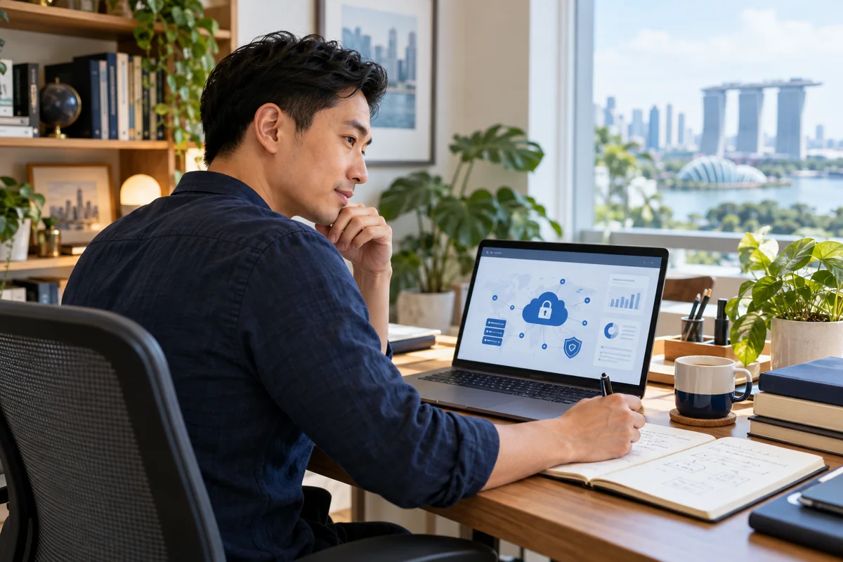 Illustration of a Singapore professional studying cloud-security concepts