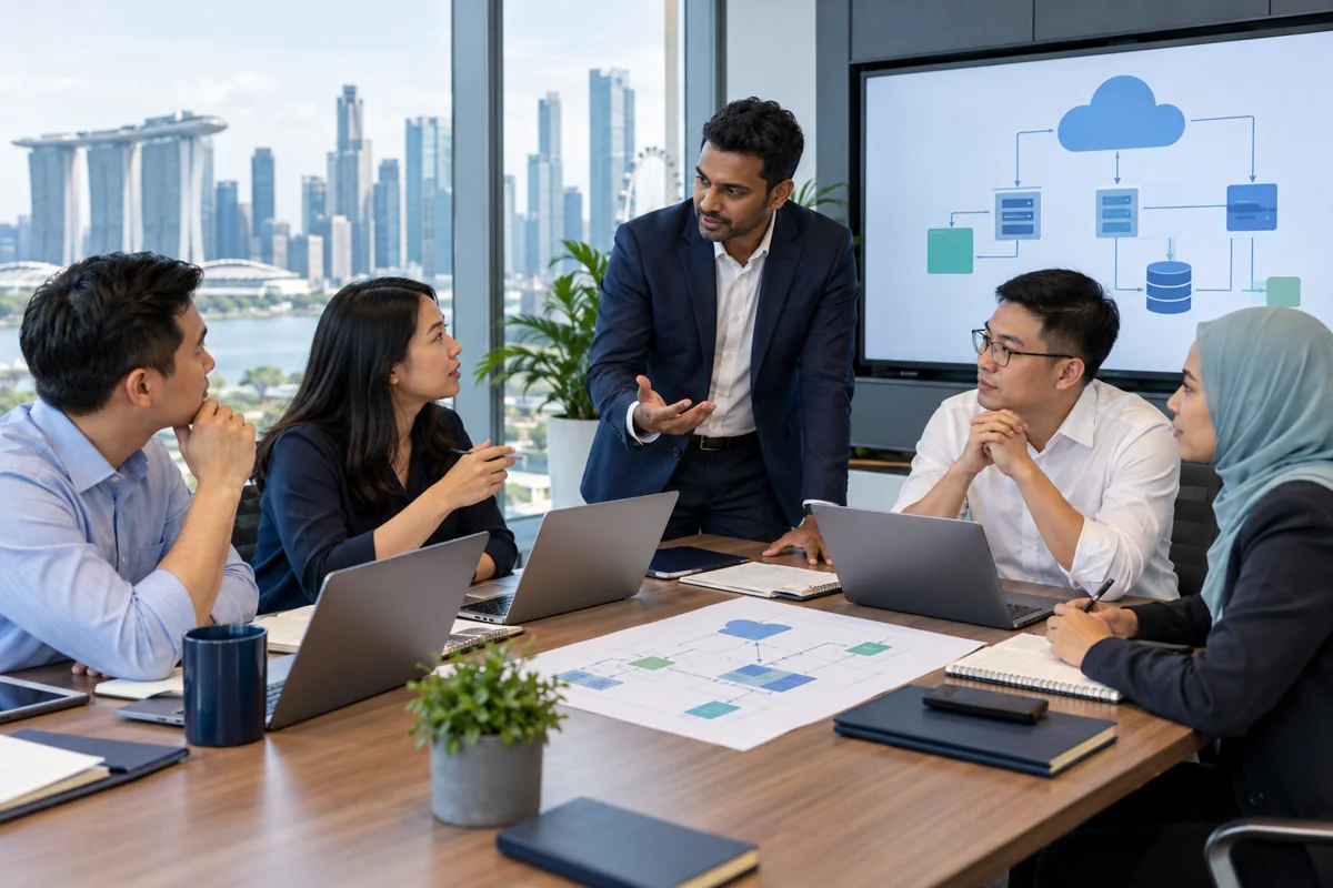 Illustration of a Singapore team discussing cloud-security architecture