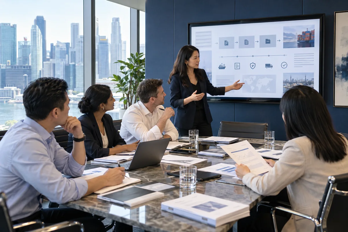 Illustrative Singapore corporate trade team discussing a document-review exercise