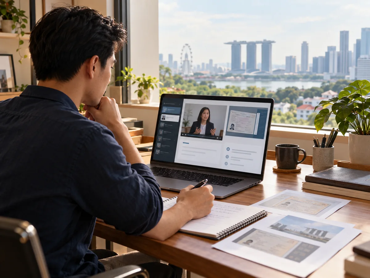 Illustrative Singapore professional studying trade documents with online learning resources