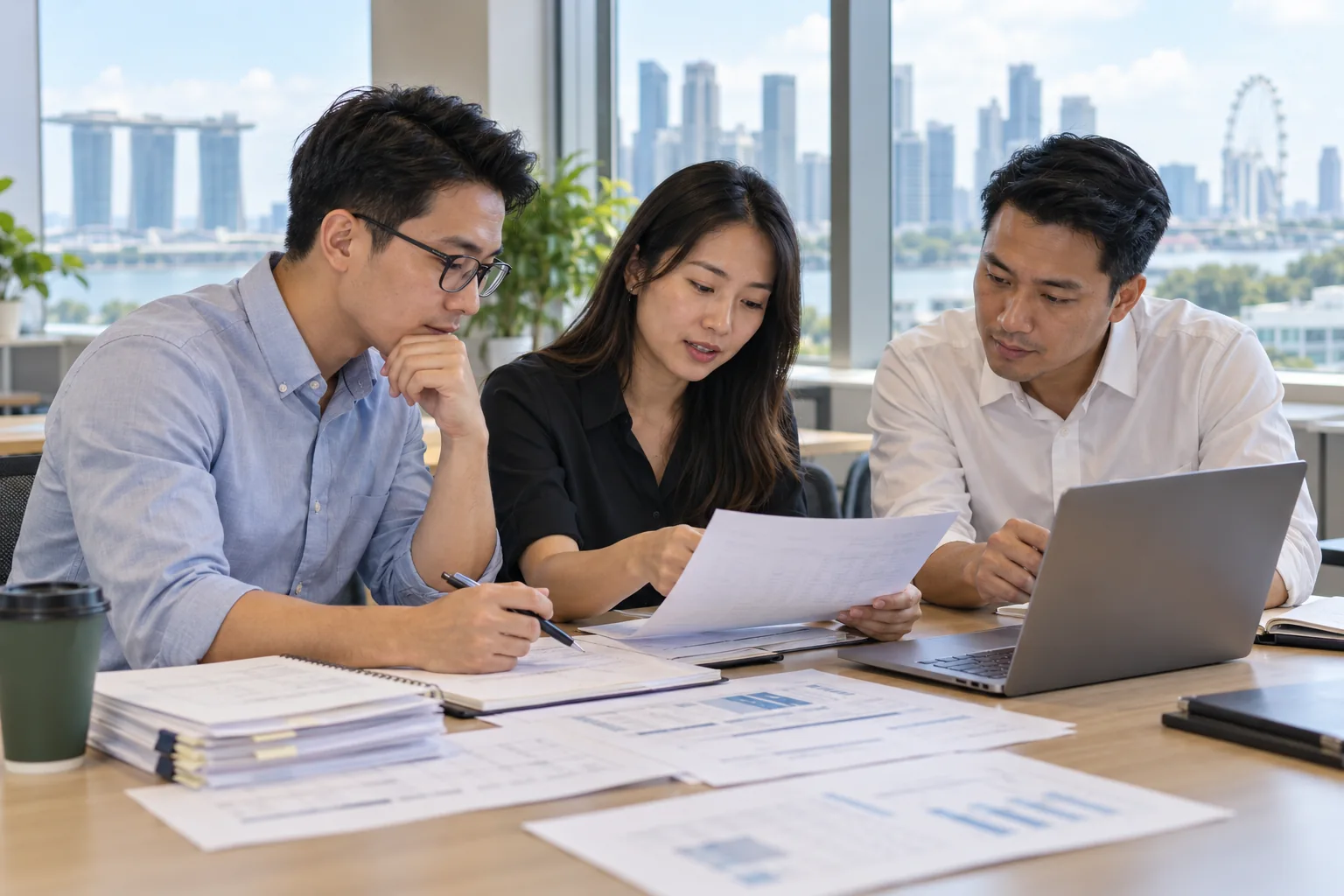 Illustrative Singapore professionals discussing a fraud examination learning case