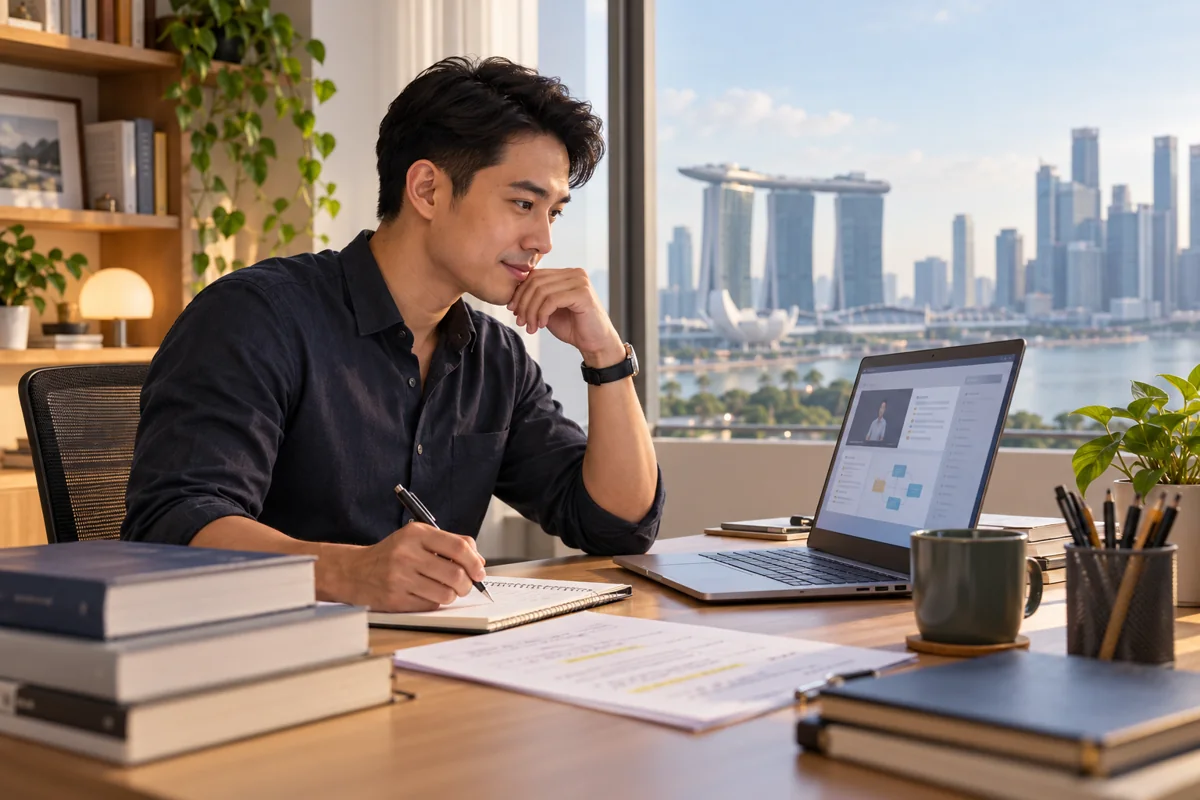 Illustrative Singapore professional studying technology audit with online course resources