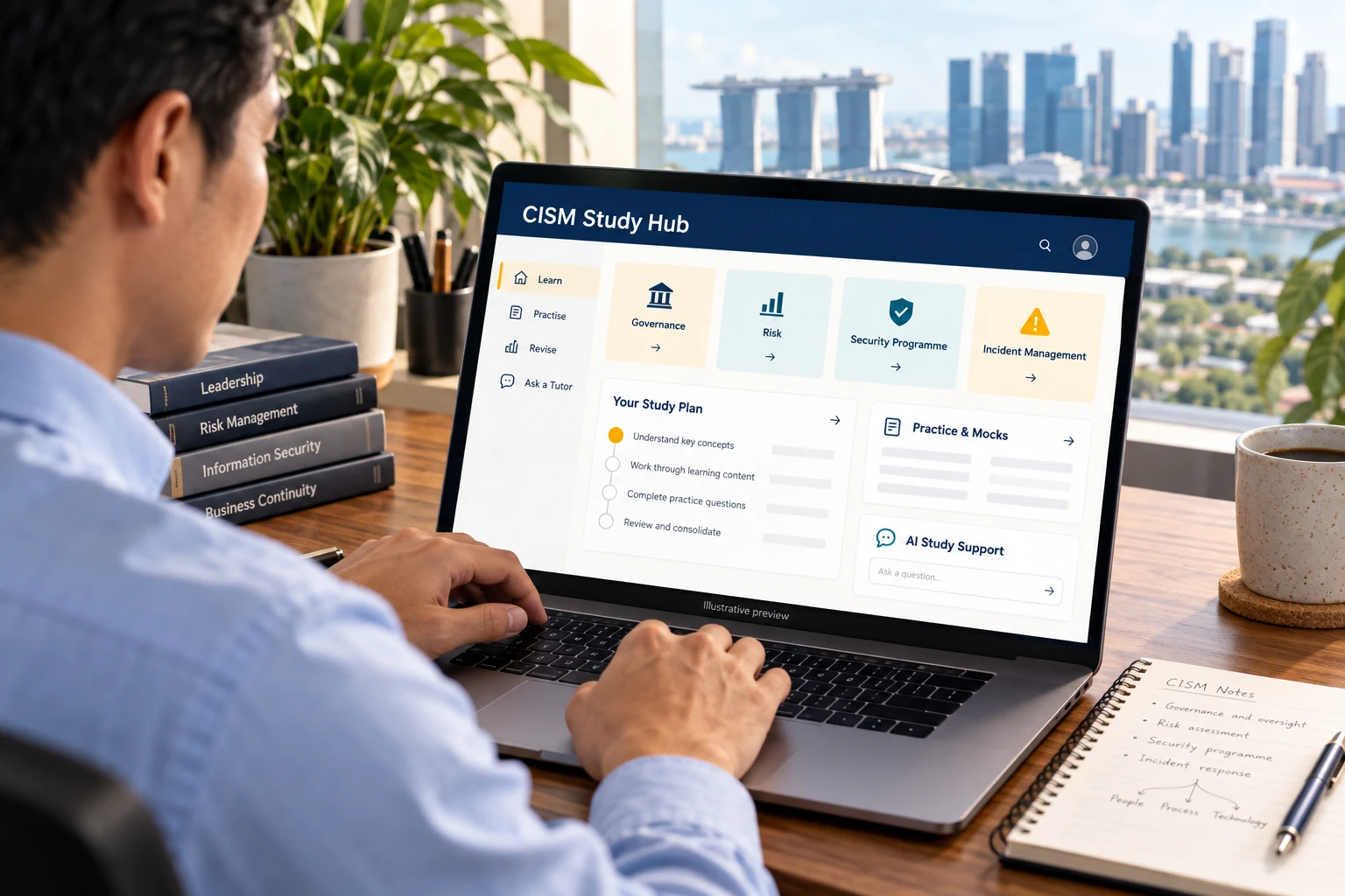 Illustration of a professional using a CISM study platform in a Singapore setting.