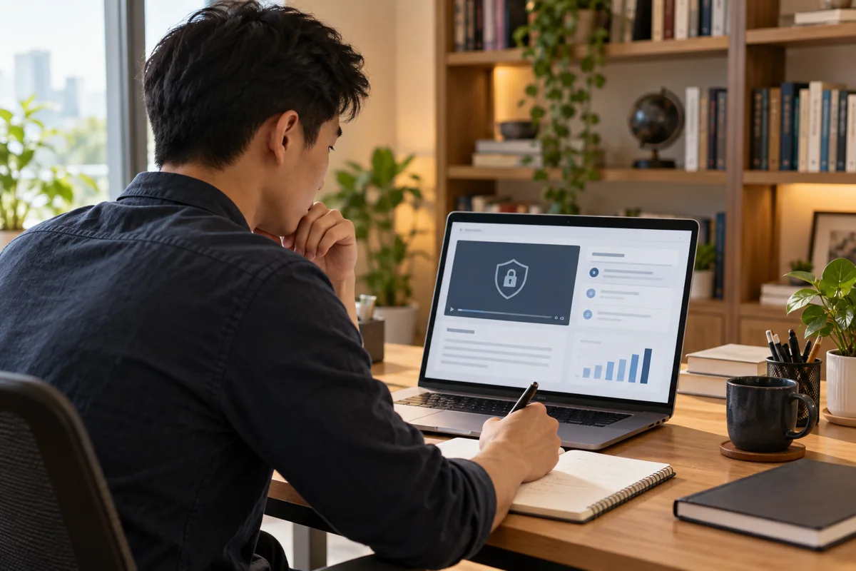 Illustration of a professional studying cybersecurity concepts with laptop and notes
