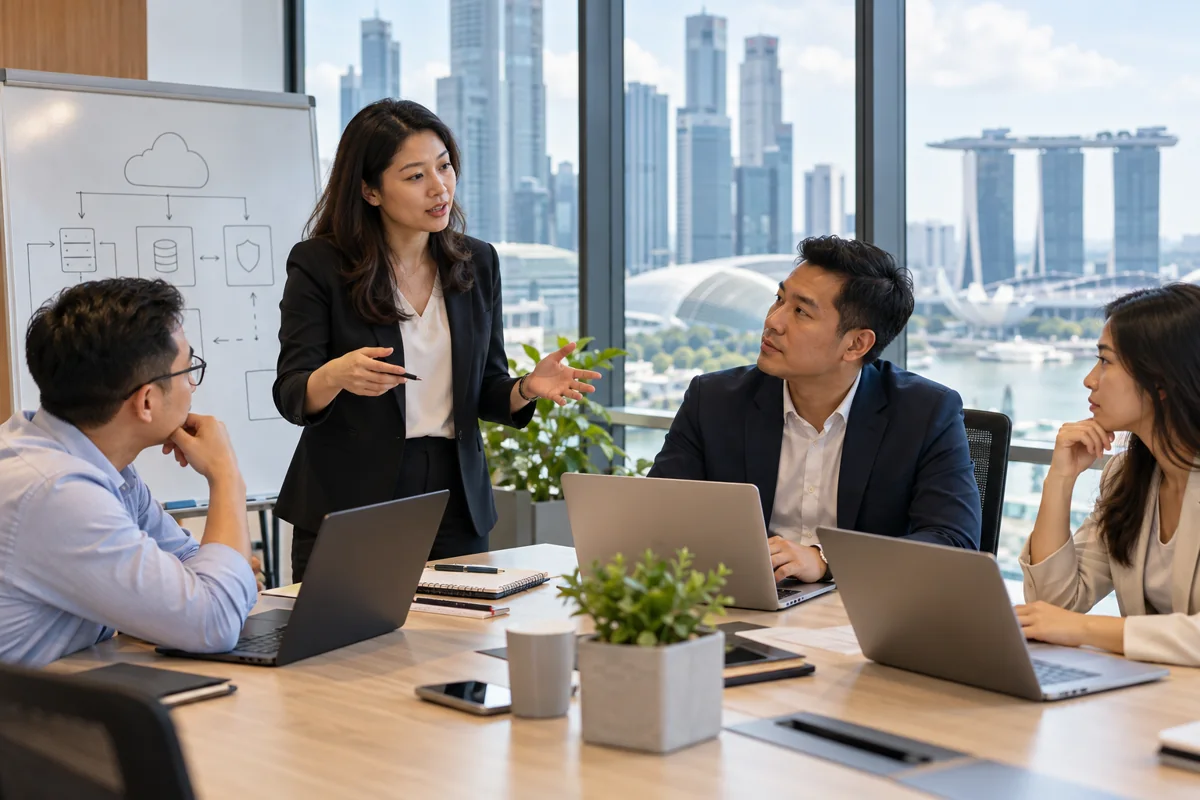 Illustration of a Singapore enterprise team discussing security architecture and risk
